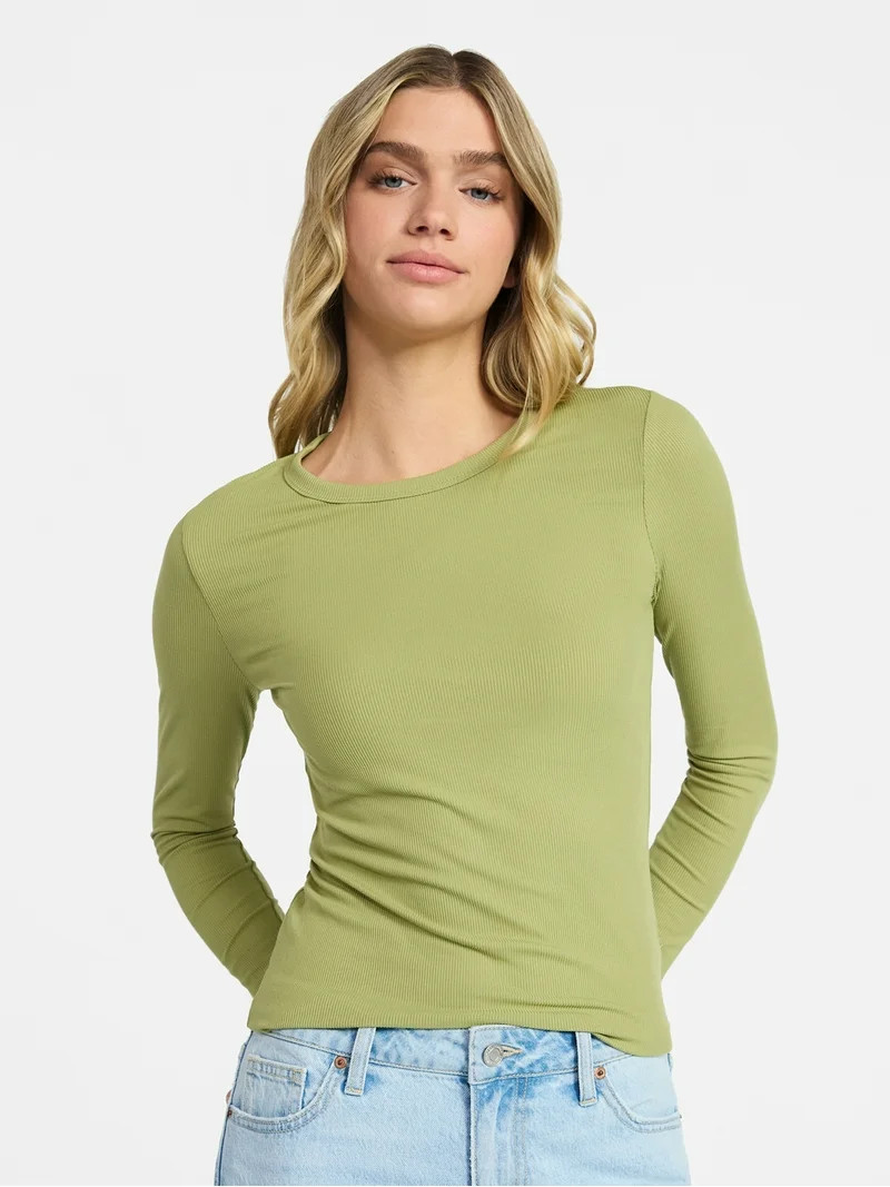 No Boundaries Crew Ribbed Tee with Long Sleeves, Women's XXS-XXL | Walmart (US)