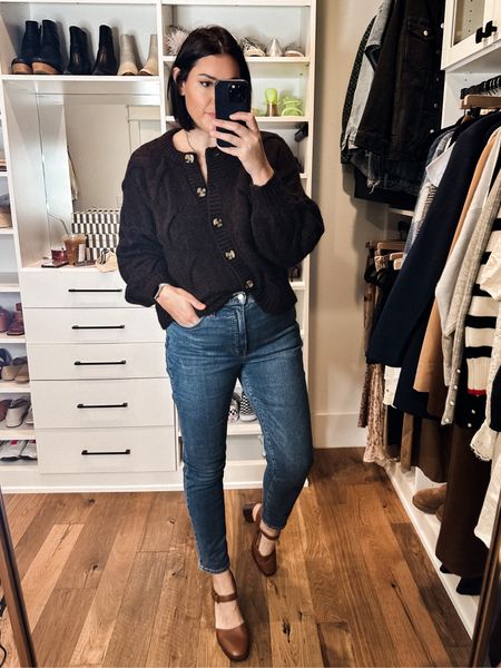 50% off!! Use code TGIF.
Love these jeans and HIGHLY recommend! I’m finding myself gravitating to skinnier jeans lately. I still love a straight leg but I’m really love a skinnier jean. You can take the girl out of 2010, but you can’t take her skinny jeans away. 
 These run a bit generous I find! I’m in the 29 and they are a little roomy in the waist and stretch with wear. I prefer this size but I am just saying, if you typically can go down a size in Madewell then go down one. Or relish in the looseness like I do. 

I am in the medium of the cardigan — love this cardigan. It’s warm, it’s cozy, it’s not itchy. However it does run slightly generous. I would say if you want it to fit relaxed, loosely then stay TTS. If not, go down a size. Comes in 4 colors. 

Heels run TTS.

#LTKSeasonal #LTKCyberweek