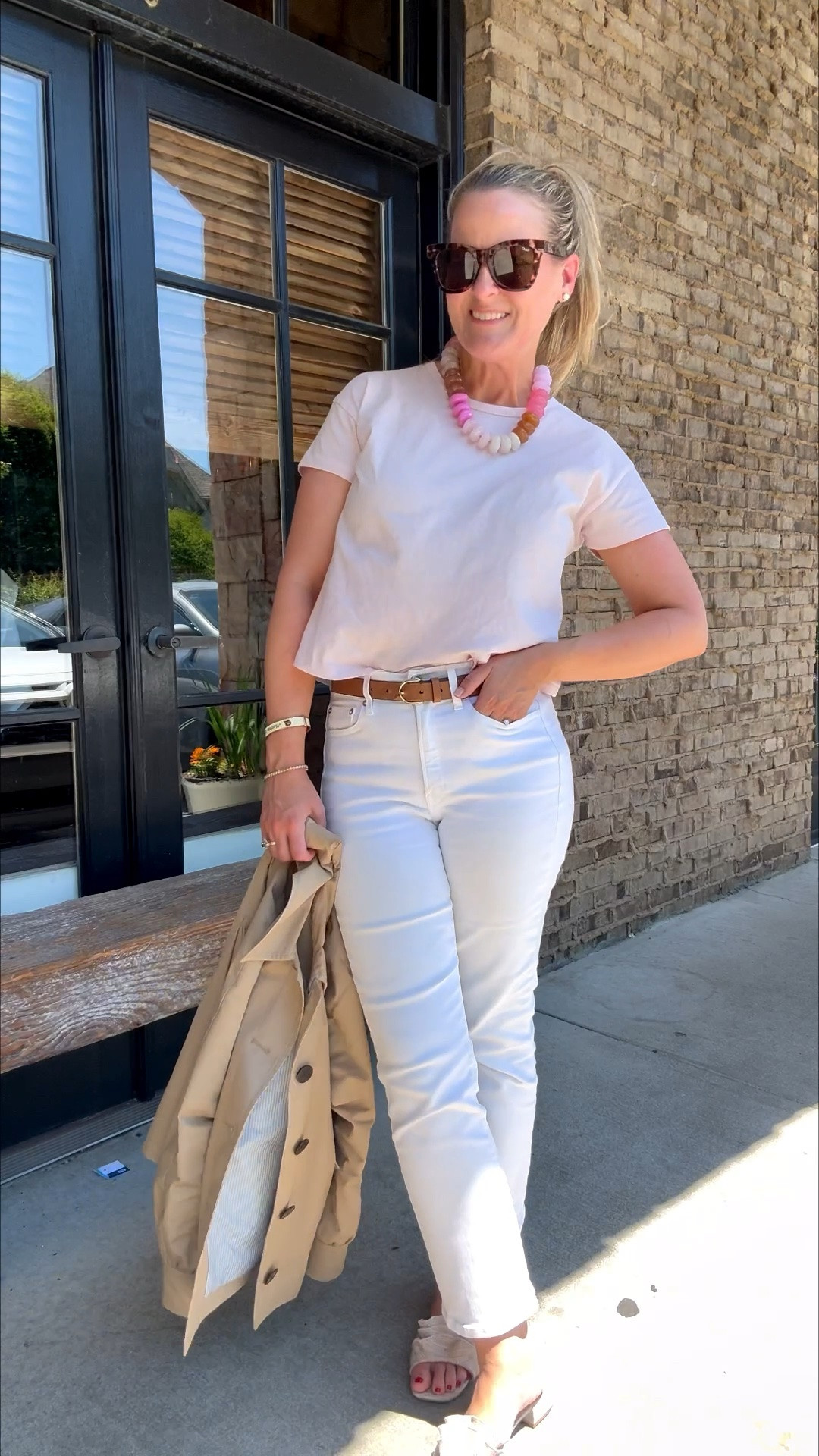 Preppy summer outfit for business casual workwear! 

I’m wearing XS in the jacket and t-shirt. 

Preppy outfits, summer outfits, spring outfits, white jeans, spring jacket, swing jacket, pink tops, pink shirts, business casual workwear, smart casual work outfits, work outfits, date night outfits, Mother’s Day gifts, teacher appreciation gift, summer sunglasses, sunglasses for summer, work wear

#LTKootd #LTKOver40 #LTKWorkwear