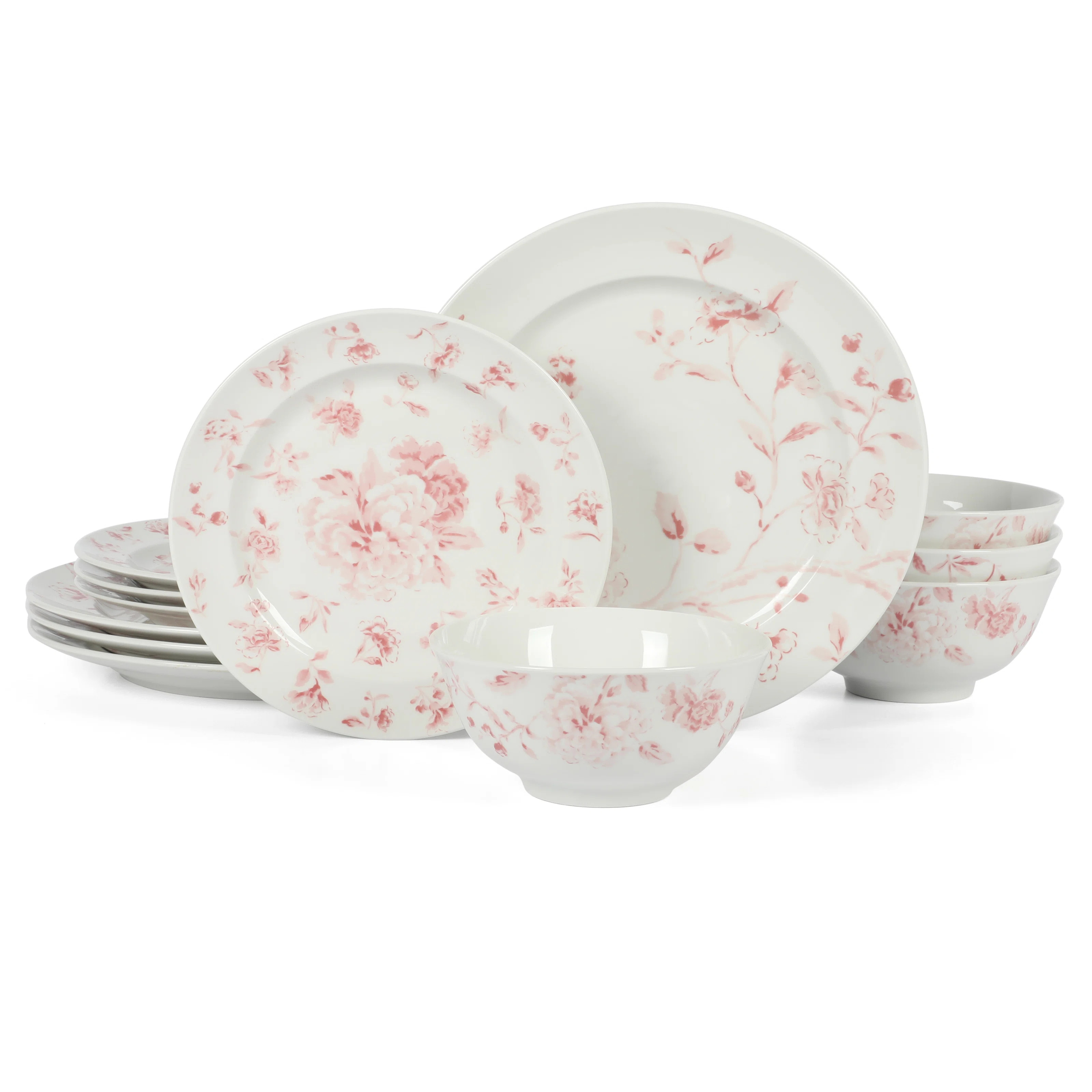 Martha Stewart Empress Bouquet 12 Piece Decorated Porcelain  Dinnerware Plates And Bowls Set - Pi... | Wayfair North America