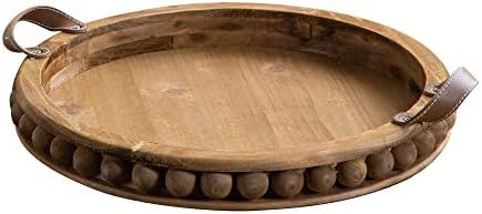 HuiDao 16" Round Wood Tray Beaded Decorative Wood Tray with Handle Rustic Farmhouse Tray for Serv... | Amazon (US)