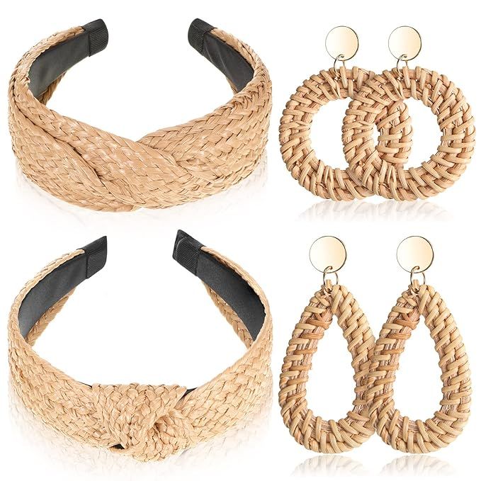 4 Pack Straw Knotted Headbands Rattan Earrings Set, Wide Straw Twist Knot Headband Handmade Boho ... | Amazon (US)