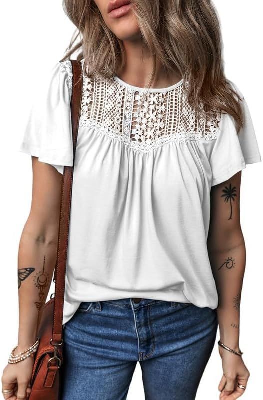 Dokotoo Women's Casual Summer T Shirts Short Ruffle Sleeve Crew Neck Lace Crochet Tops Tshirts | Amazon (US)