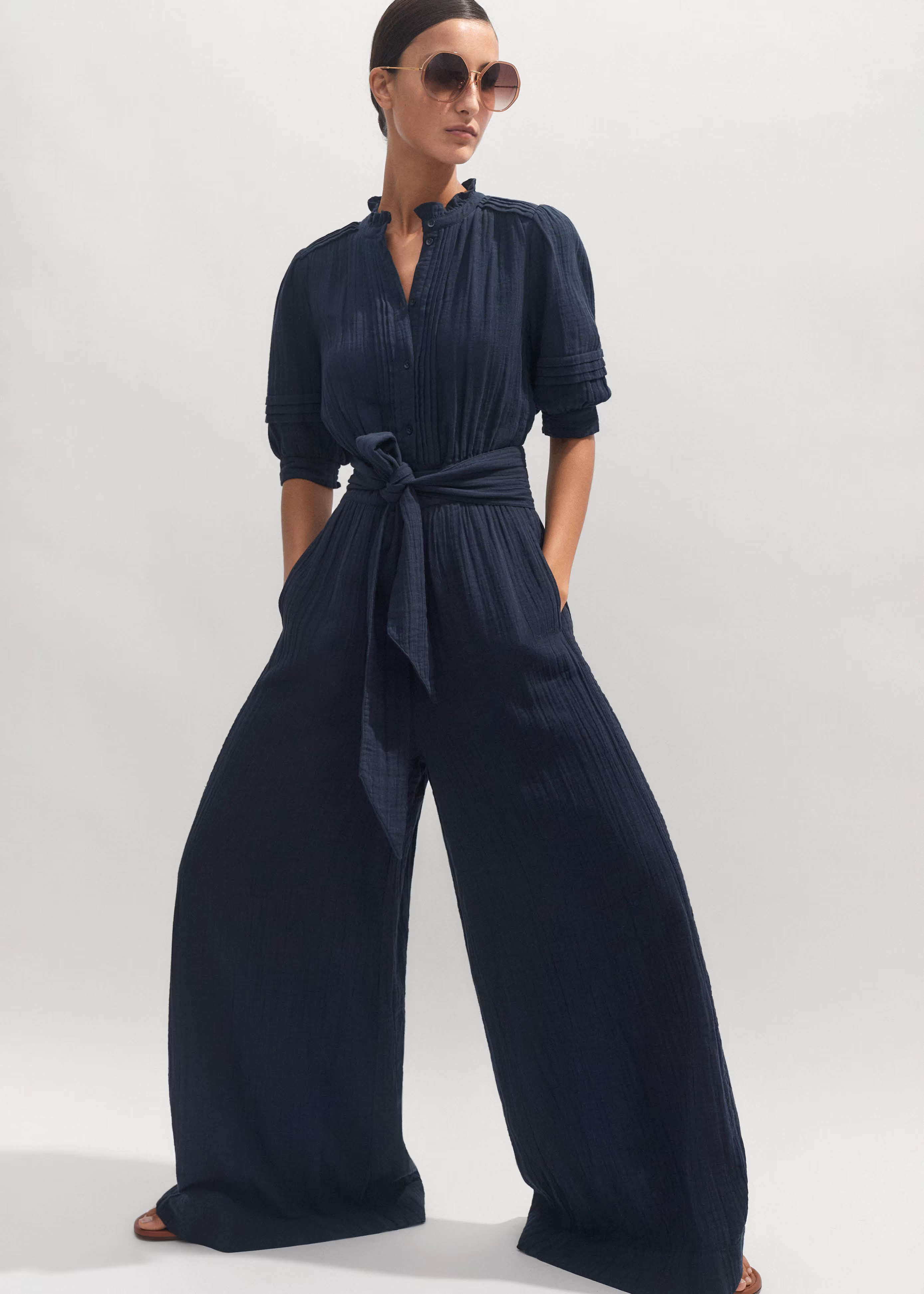Women's Navy Cheesecloth Frill Detail Jumpsuit + Belt | ME+EM | ME+EM US