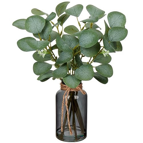 Briful Artificial Eucalyptus Stems in Black Glass Vase with Faux Water, 14" Fake Plant Eucalyptus Leaves for Home Office Farmhouse Wedding Centerpiece Décor | Amazon (US)