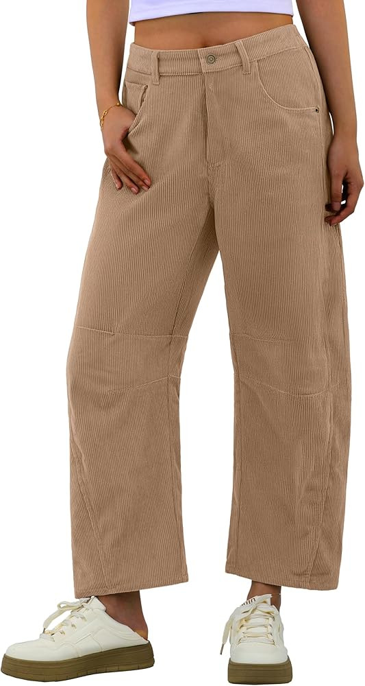 IWOLLENCE Women's Corduroy Barrel Pants Mid-Rise Elastic Waist Casual Cord Wide Legs Baggy Pant w... | Amazon (US)