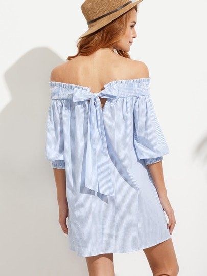 A strisce blu con fiocco sul retro fuori dal vestito spalla | SHEIN