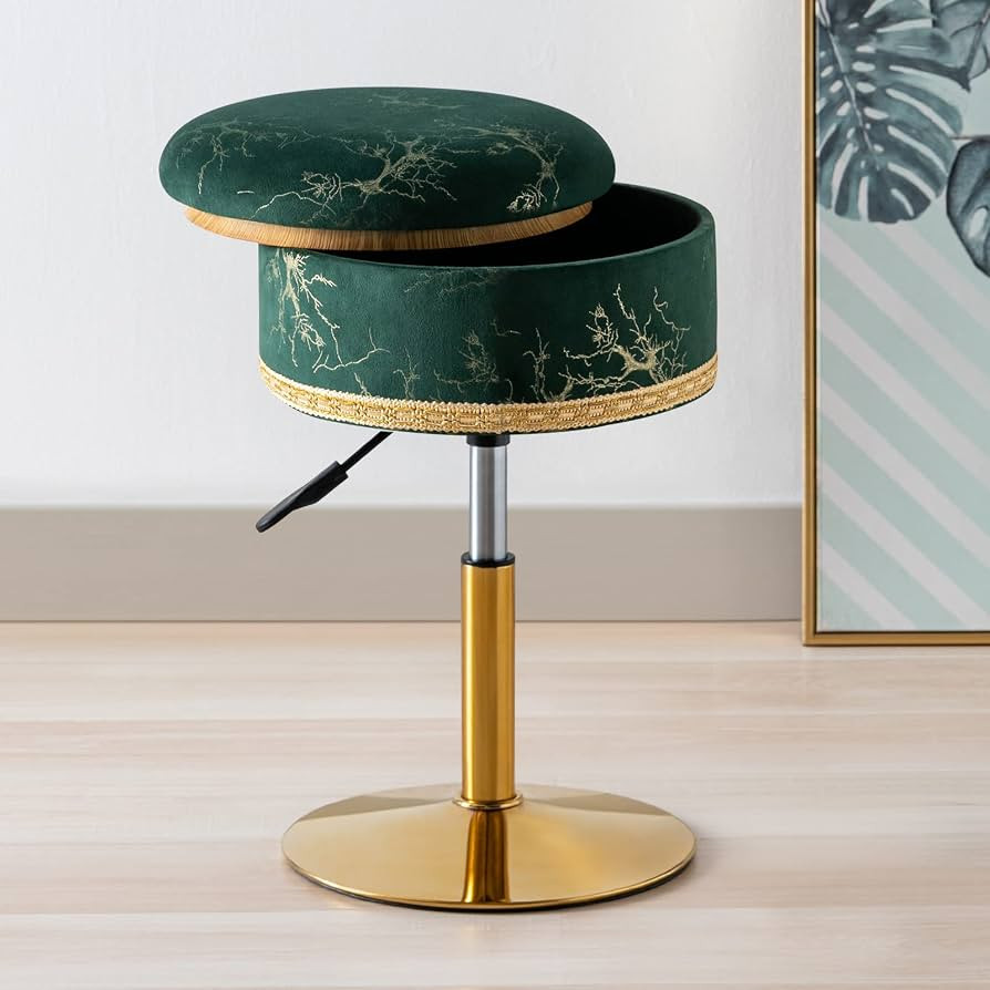 Velvet Storage Ottoman Vanity Stool, 18" to 23" Height Adjustable Foot Stool Upholstered Round Fo... | Amazon (US)