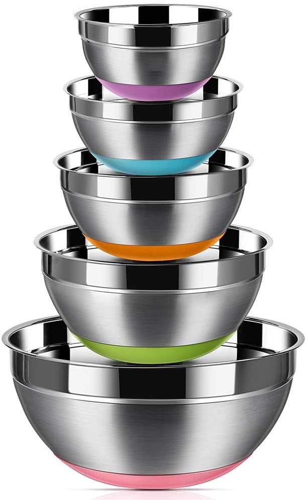 REGILLER Stainless Steel Mixing Bowls (Set of 5), Non Slip Colorful Silicone Bottom Nesting Stora... | Amazon (US)