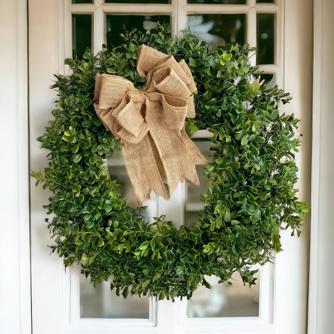 Front Door Farmhouse Wreath, Boxwood Wreath, Green Leaf Wreath, Burlap Bow,housewarming Gift, Fix... | Etsy (US)