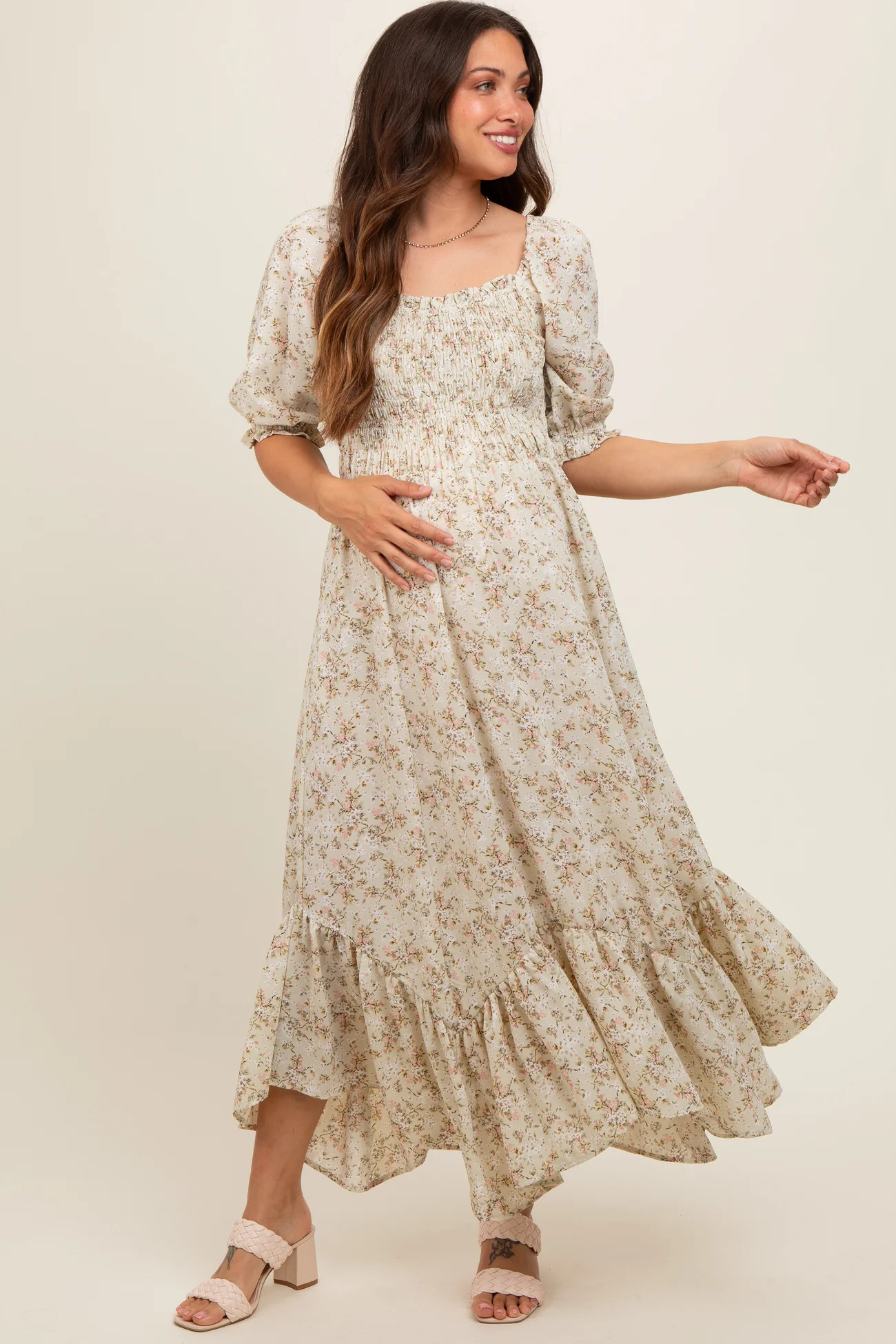 Light Olive Smocked Handkerchief Hem Maternity Dress | PinkBlush Maternity