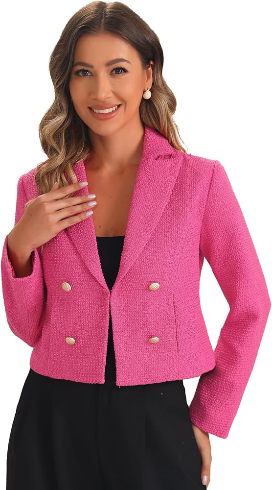 Allegra K Tweed Cardigan for Women's Notch Lapel Buttons Office Long Sleeve Casual Blazer Jackets | Amazon (US)