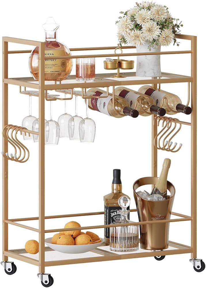 Garden 4 you Bar Cart Gold Serving Cart for Home,2-Tier Rolling Wine Cart with Wheels,Microwave C... | Amazon (US)