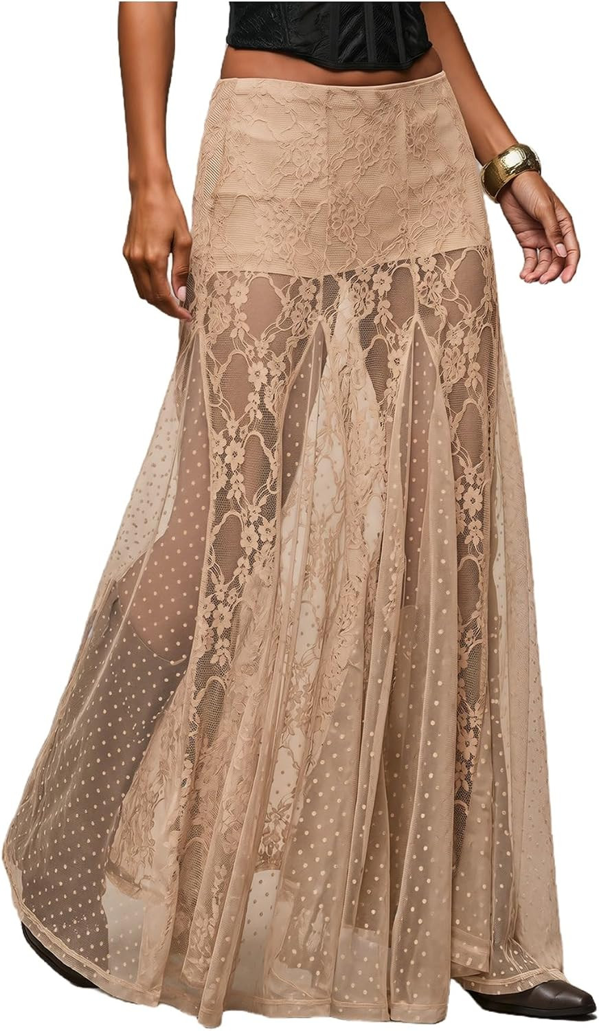 MakeMeChic Women's Lace Sheer Maxi Skirts Polka Dots Ruffle Gothic Skirts | Amazon (US)