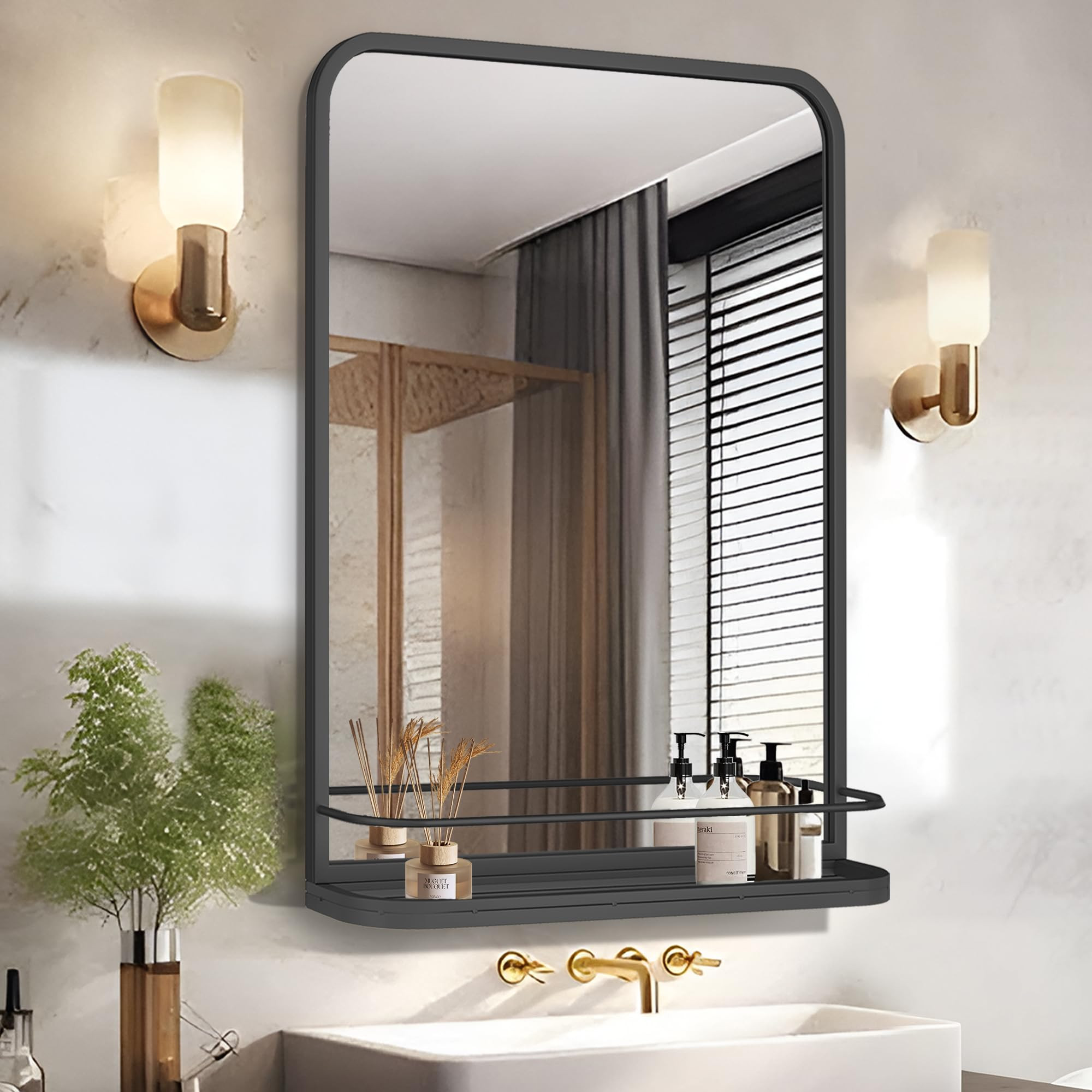 Bathroom Mirror with Shelf for Shaving, 15.7x23.6 Inch Wall-Mounted Rectangle Metal Mirror with S... | Amazon (US)
