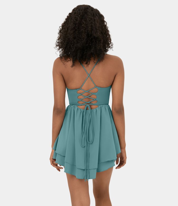 Breezeful™ Backless Lace Up Tiered Ruffle Quick Dry Flowy Mini Slip Casual Dress | HALARA