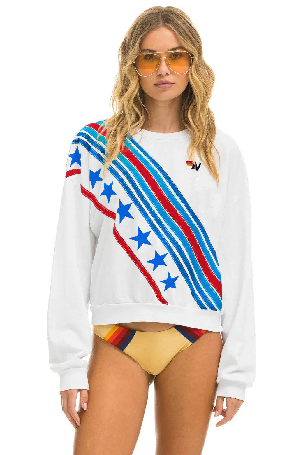 CROSS STRIPE STARS RELAXED CREW SWEATSHIRT - WHITE // USA | Aviator Nation