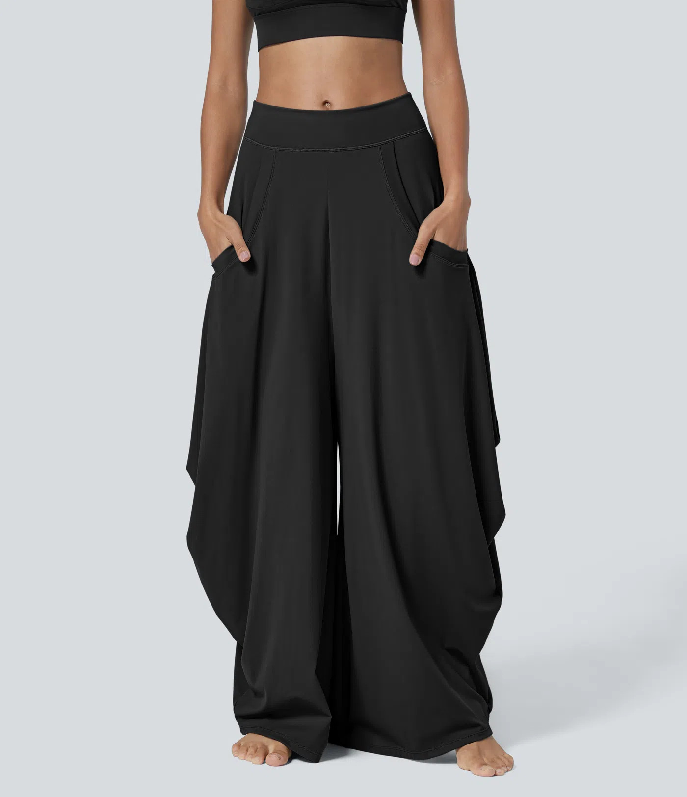 Women’s Mid Rise Pockets Draped Wide Leg Baggy Casual Pants - Halara | HALARA