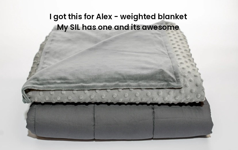 Alex has really been getting under the blankets on the couch lately, so I got him this 7 lb full size blanket.  My SIL has one and he really liked it, so this year I’m treating him to one. 


#walmart #giftforher #giftforhim #giftforteen #weightedblanket #quility #LTKselfcare 

#LTKGiftGuide #LTKFindsUnder50 #LTKMens