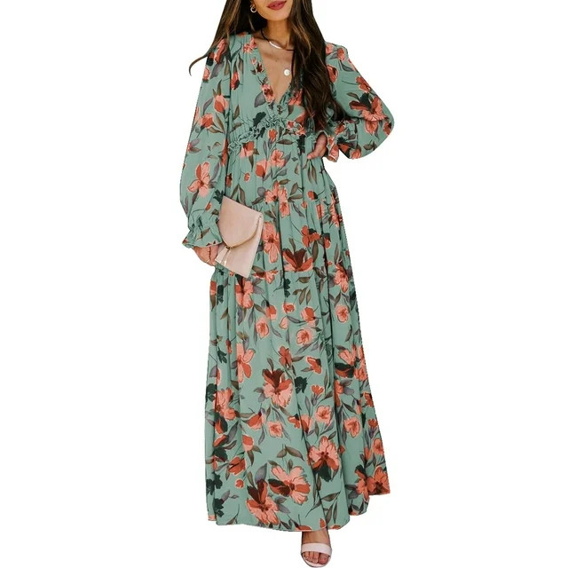 Dokotoo Green Maxi Dresses for Women Casual Loose Bohemian Floral Dresses Lantern Long Sleeve Dee... | Walmart (US)