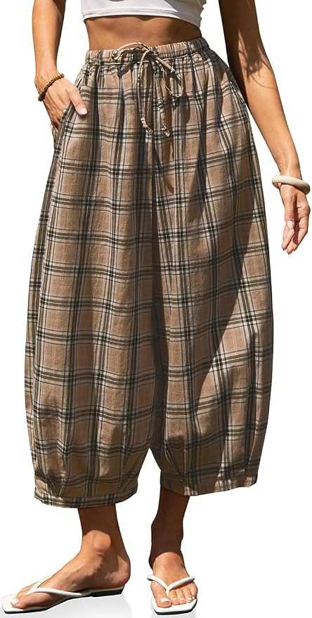 TARSE Women's Plaid Cotton Linen Wide Leg Pants with Pockets | Amazon (US)