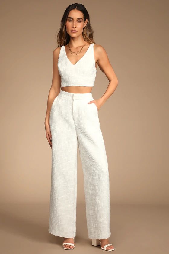 Chic and Sophisticated Ivory Tweed Wide-Leg Pants | Lulus