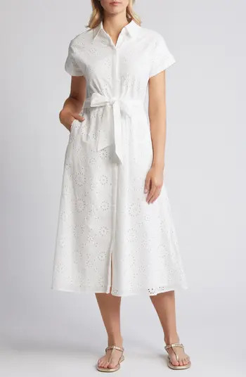 caslon(r) Eyelet Embroidery Cotton Shirtdress in Blue Marmara at Nordstrom, Size Small | Nordstrom