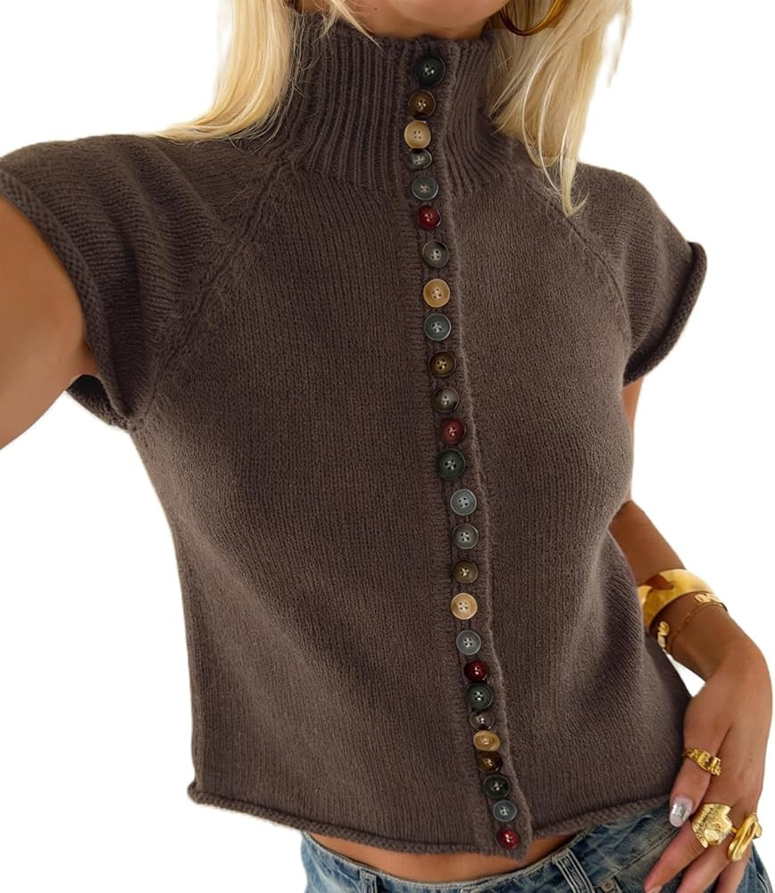 Women Button Down Short Sleeve Knit Top Y2K Turtleneck Rolled Edge Sweater | Amazon (US)