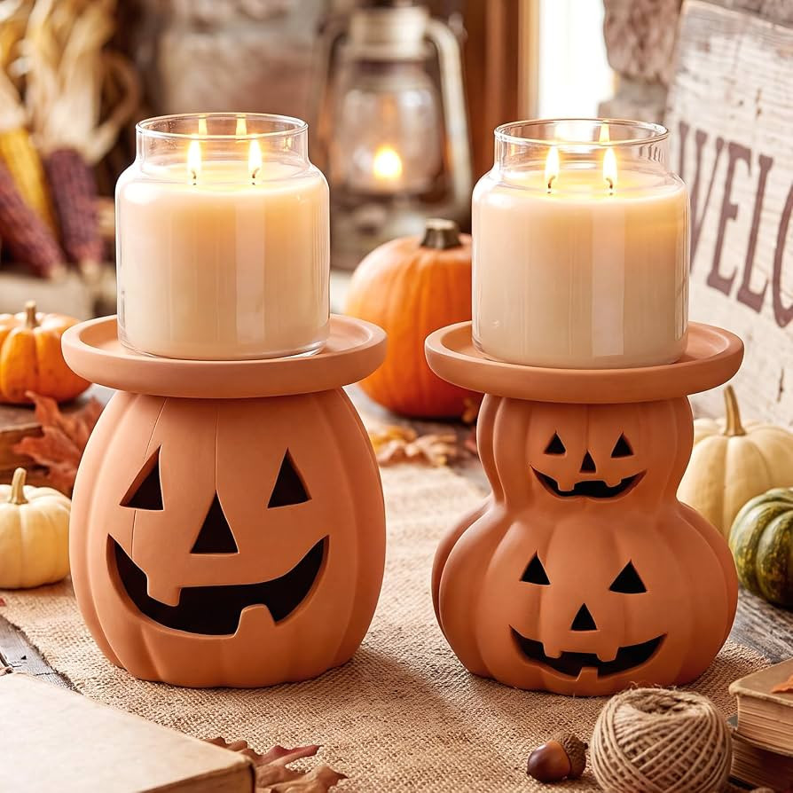 Tioncy 2 Pcs Terracotta Pumpkin Candle Holders Halloween Candlestick Holder     Pumpkin Table Cen... | Amazon (US)