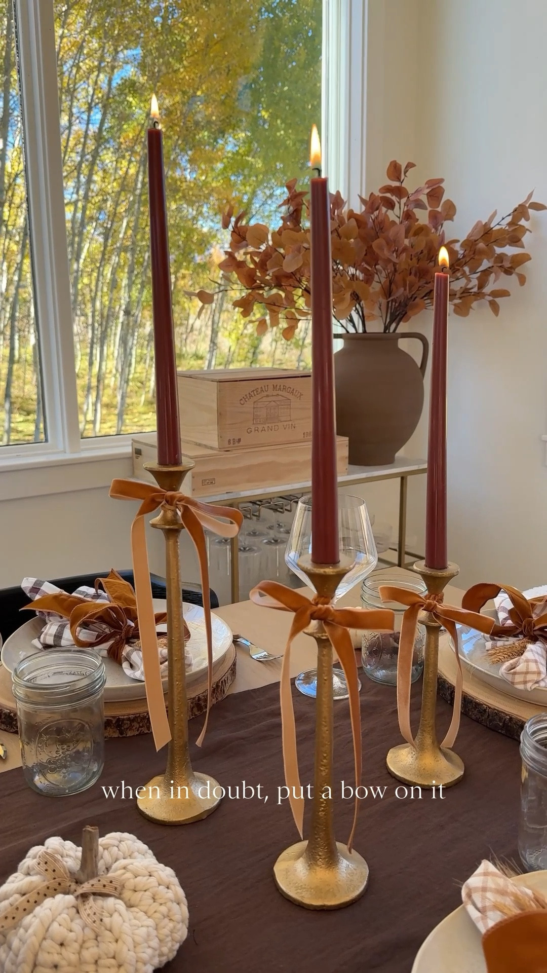 when in doubt, put a bow on it!🤎 Are you creating a fall or Thanksgiving table this season? Here’s a little inspo! All about browns and bows this year!🍂 Here I used 3/8” velvet khaki ribbon to tie bows are each gold candle stick🕯️The perfect touch! Hally decorating! 

Home decor
Amazon 

#LTKSeasonal #LTKHome