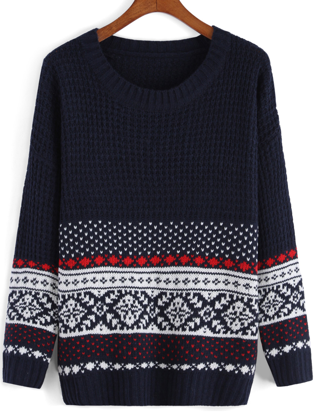 Navy Round Neck Tribal Print Knit Sweater | SHEIN