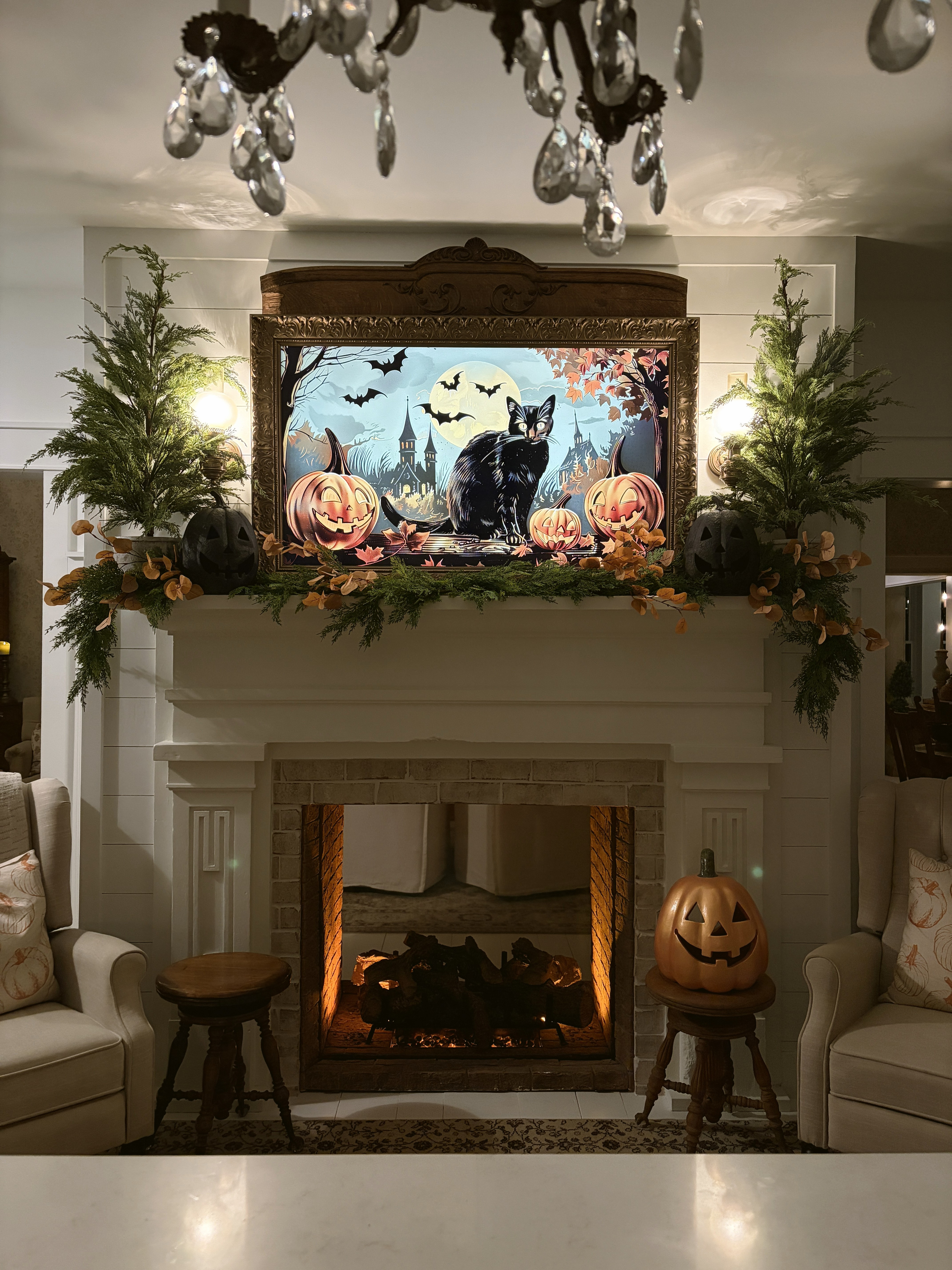 Here is the soft evening glow of our Fall fireplace mantel.  

 #LTKSeasonal #LTKHome