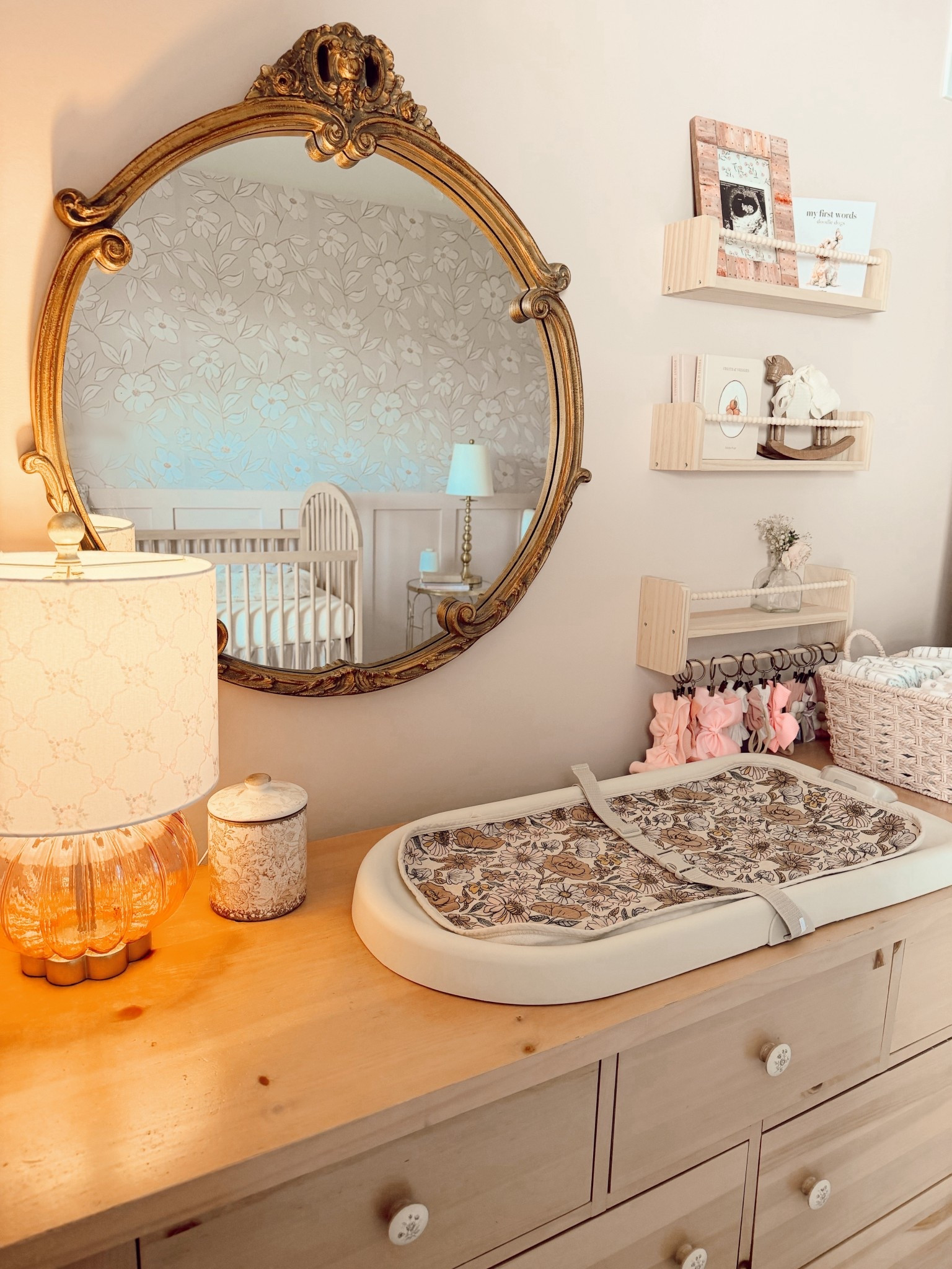 dresser for nursery, changing station for baby, changing pad, vintage nursery, boho nursery, girl nursery 

missing her name sign and cuddle and kind but those are packed for our announcement photos 🤭💕🧸

#LTKHome #LTKBaby #LTKmomlife