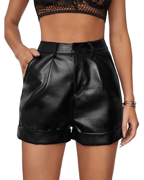 WDIRARA Women's High Waisted PU Leather Shorts Roll Hem Shorts with Pockets | Amazon (US)