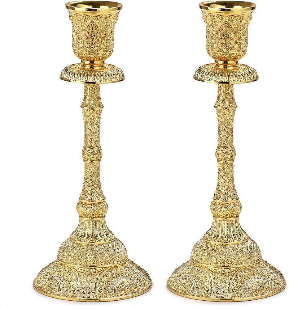 OwnMy Set of 2 Taper Candle Holders Vintage Metal Pillar Candlestick Holders 7.4”, Elegant Bras... | Amazon (US)