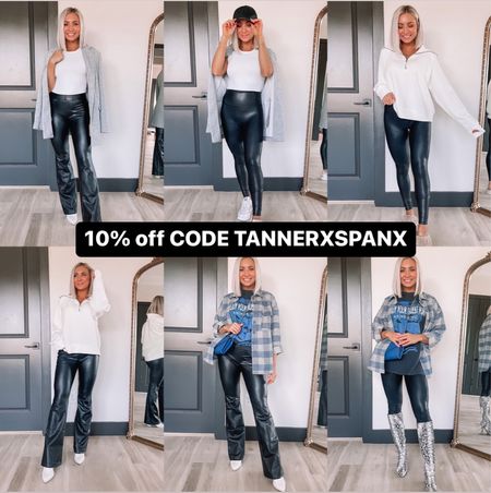 Code TANNERXSPANX FOR 10% off the spanx site! Flares or leggings? Spanx just re-launched their leather like flares & they are on of my favorite pieces of all time. I’m wearing a small petite in the flares and a medium petite in the famous faux leather leggings. #spanx #fauxleatherleggings #leggings #flares 