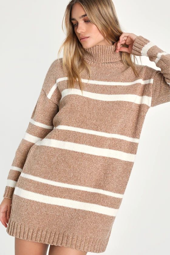 Casual Attitude Beige Striped Turtleneck Mini Sweater Dress | Lulus (US)