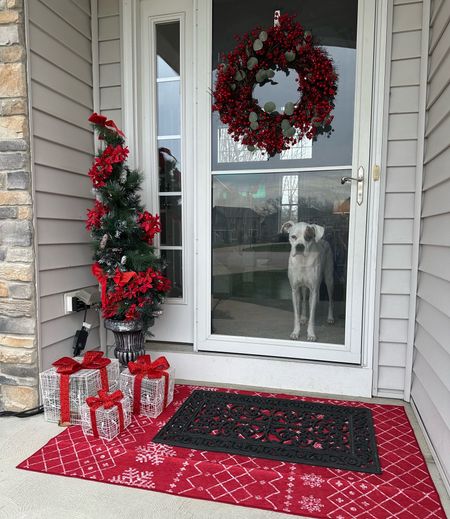 Christmas decor front porch. Lighted present set outdoor red rug black doormat lighted Christmas tree #porch #christmas #decor 

#LTKHoliday #LTKSeasonal #LTKhome