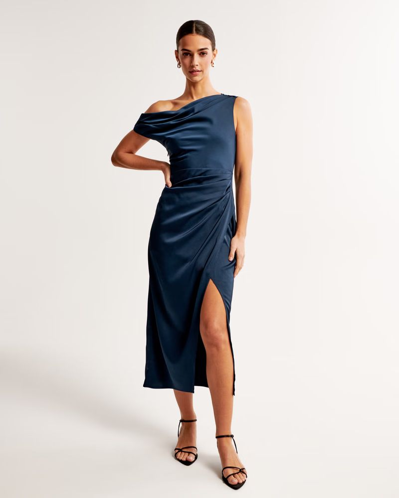 Stretch Satin Draped Midi Dress | Abercrombie & Fitch (US)