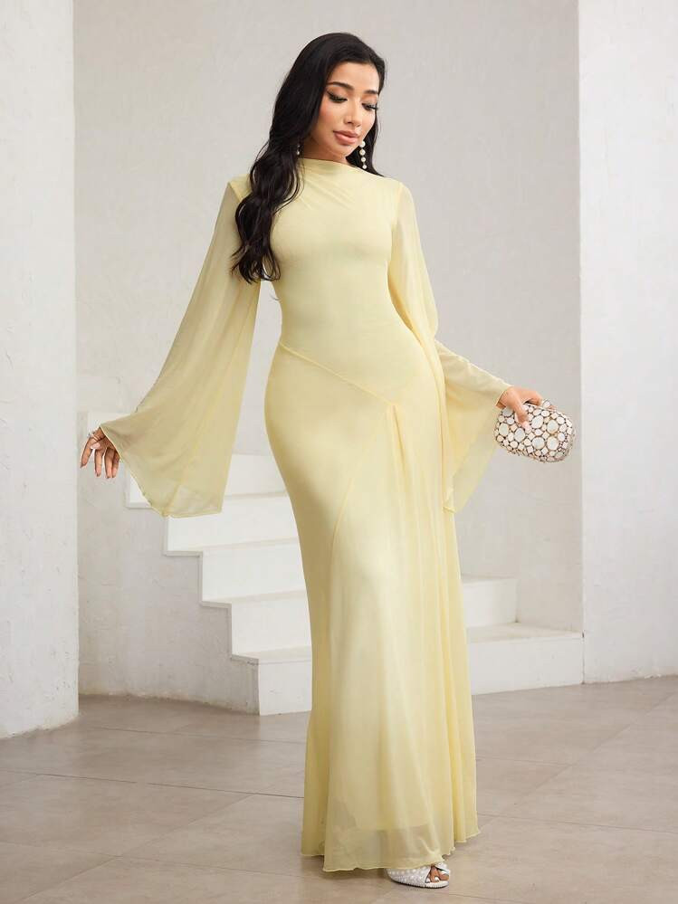Veilorie Yellow Oil Cream Yellow Oblique Neck, Ruched, Asymmetric, Pale Yellow Asymmetrical Hem, ... | SHEIN