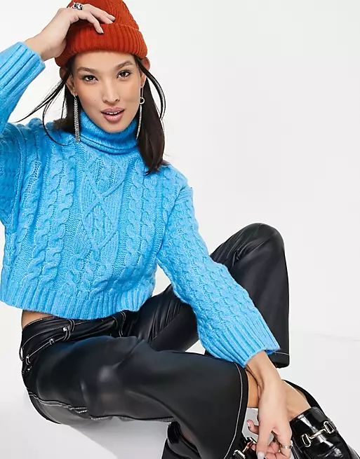 Bershka cable knit roll neck jumper in bright blue | ASOS (Global)