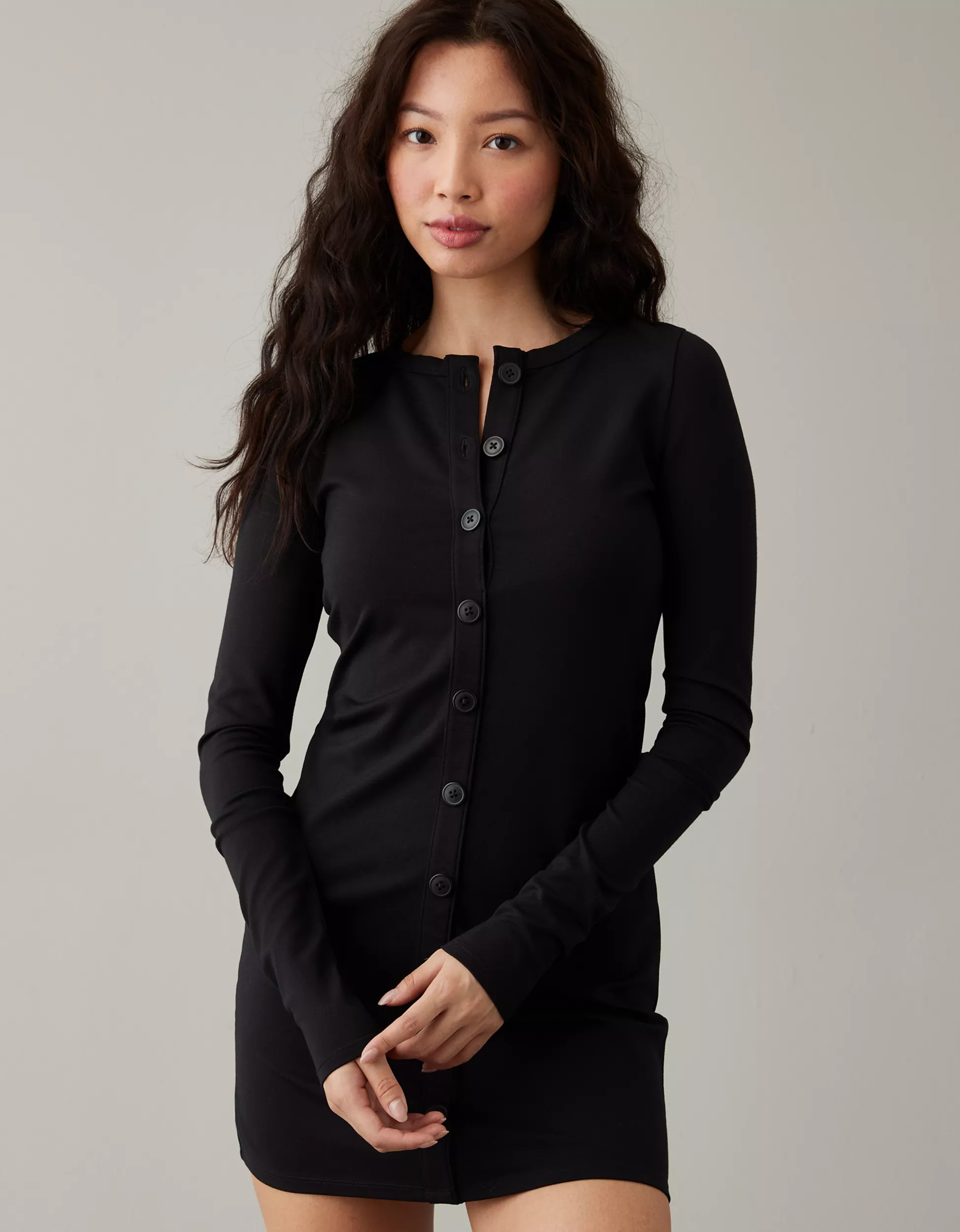 AE Knit Long-Sleeve Button Front Mini Dress | American Eagle Outfitters (US & CA)