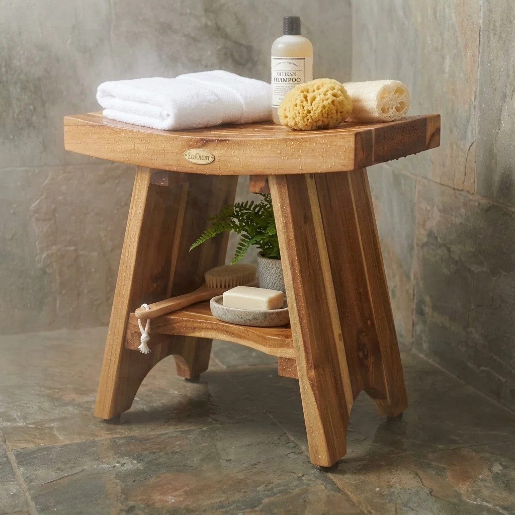EcoDecors - Serenity, 18 Inch Wide - Teak Shower Bench - Bathroom Stool Seat - in Earthy Teak | Wayfair North America