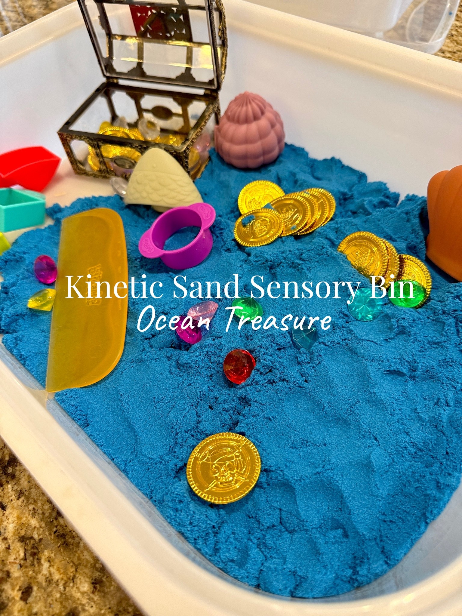 ✨ Ocean treasure sensory play = BIG hit over here 🏴‍☠️🌊💎

Kinetic sand + gold coins + gems + a little treasure chest = easy entertainment that kept them busy way longer than I expected 🙌
