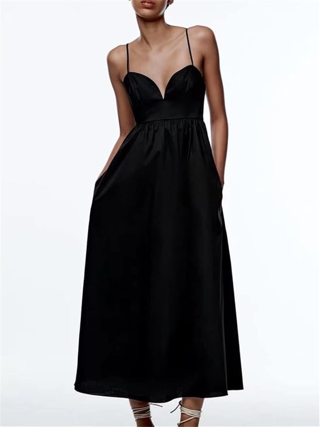 Robe d'été à bretelles en popeline vintage noire sans bretelles pour femme | Amazon (FR)