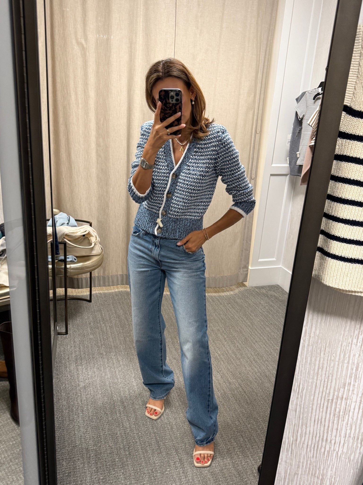Cozy meets classic 🤍 I’m wearing the cutest Veronica Beard blue cardigan (size small) with the Levi’s Dad Jean in a size 26. I’m also grabbing the Steve Madden white ballet flats from the sale, they pair so well with this look. All pieces linked here! #Nordstrom #Anniversarysale

#LTKStyleTip #LTKSaleAlert #LTKSeasonal