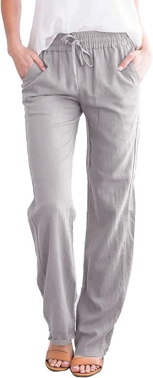 Acelitt Womens Casual Pants Straight Leg Drawstring Elastic High Waist Loose Comfy Trousers with ... | Amazon (US)