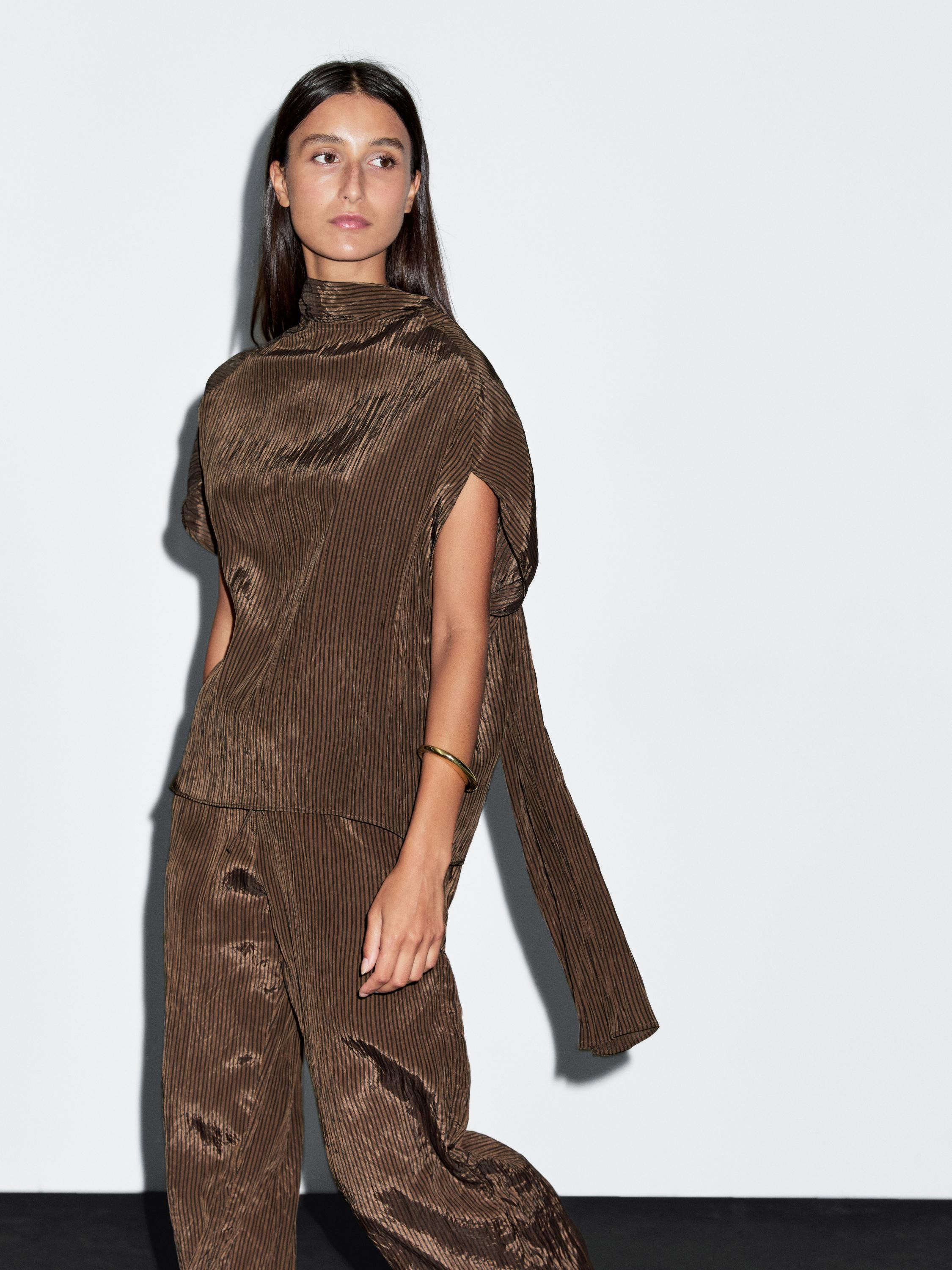 Pinstripe blouse with scarf collar · Brown · Shirts | Massimo Dutti | Massimo Dutti US