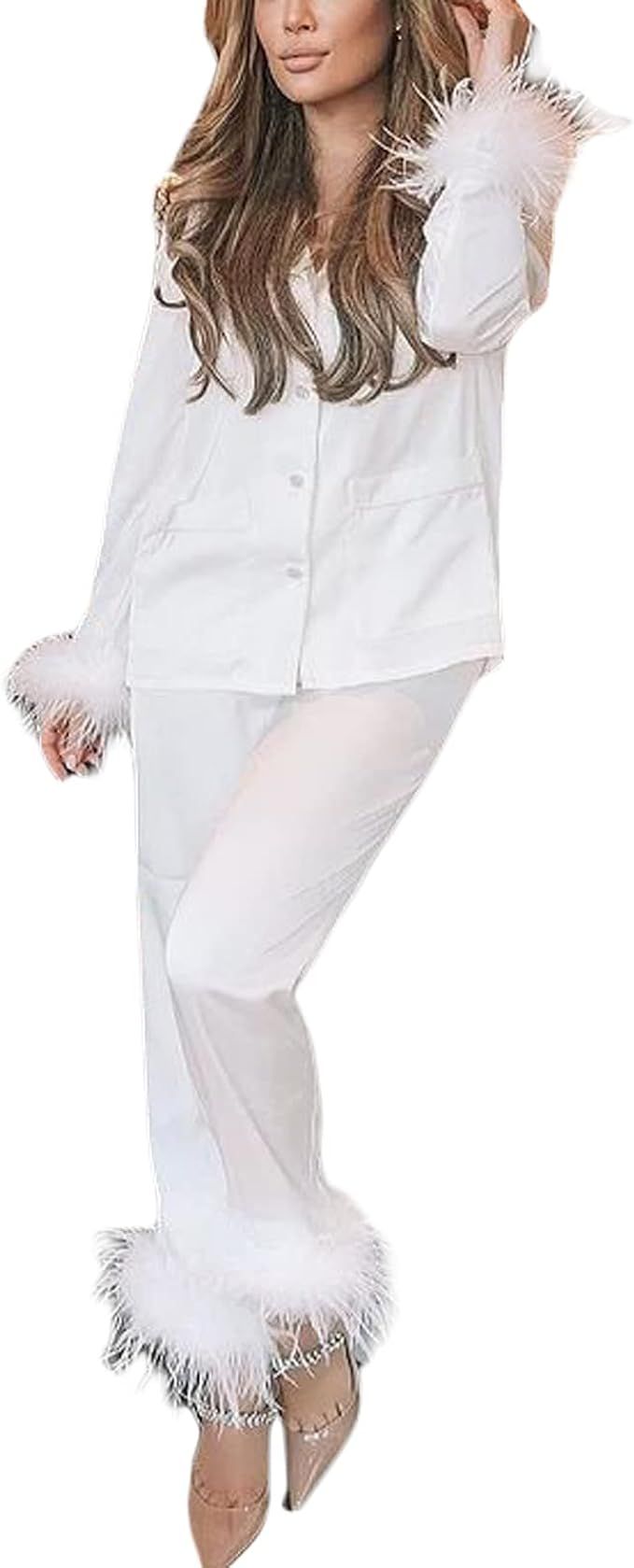 UAURORAO Women 's Two Piece Pajamas Set Long Sleeve Lapel Button Down Shirt Faux Fur Trim Pants L... | Amazon (US)