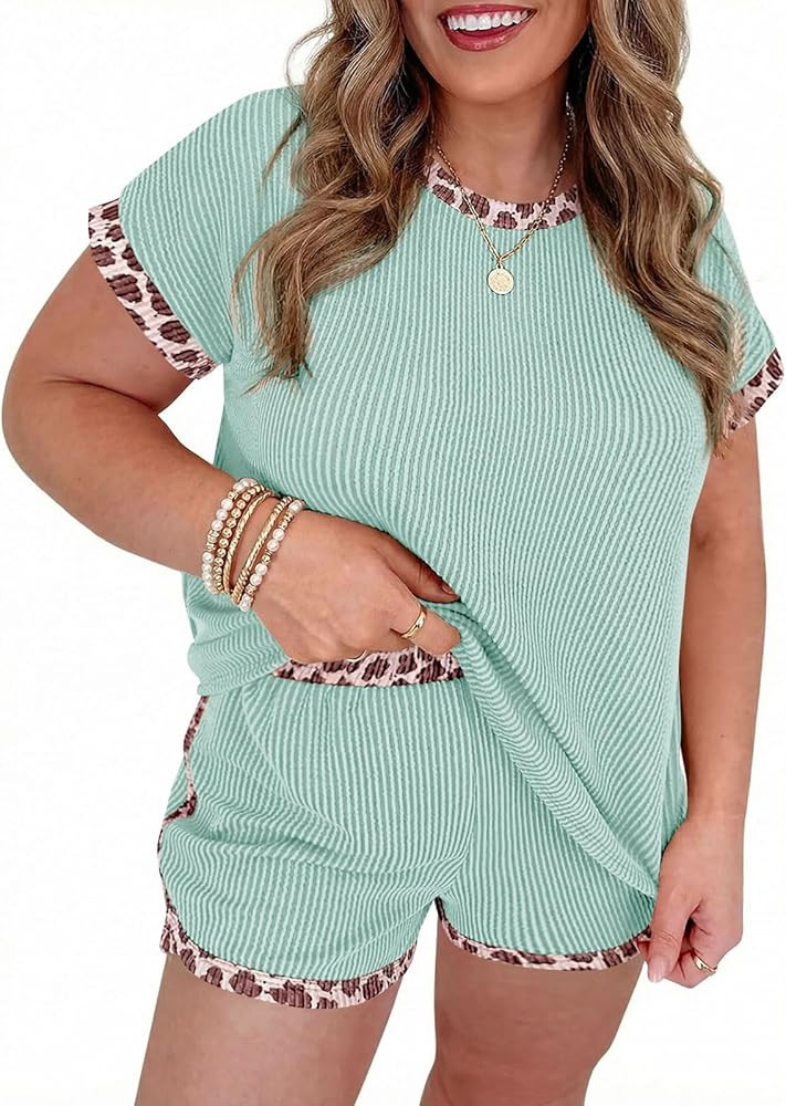 Beautife Womens Plus Size 2 Piece Short Sets Leopard Print Ribbed Knit Short Sleeve Top 2026 Summ... | Amazon (US)